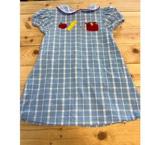 Girls' Blue Plaid Casual Dress with Red Appliqué